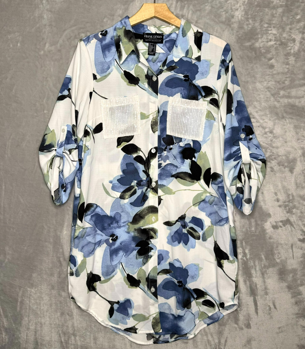 Frank LymanTunic Top Womens 10 White Blue Floral Sequin Pockets Roll Tab Sleeve